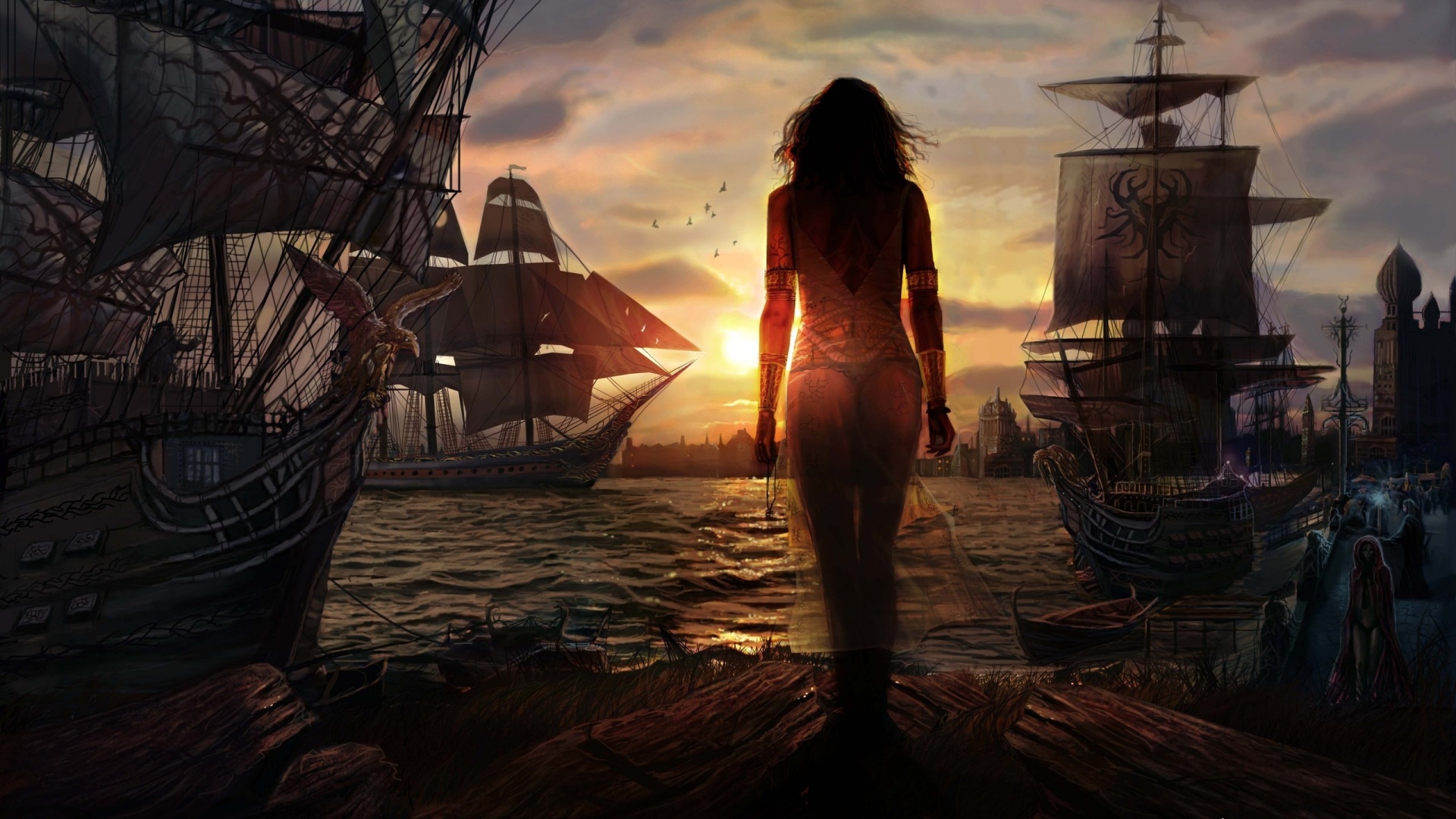 Ships in sunset wallpaper download